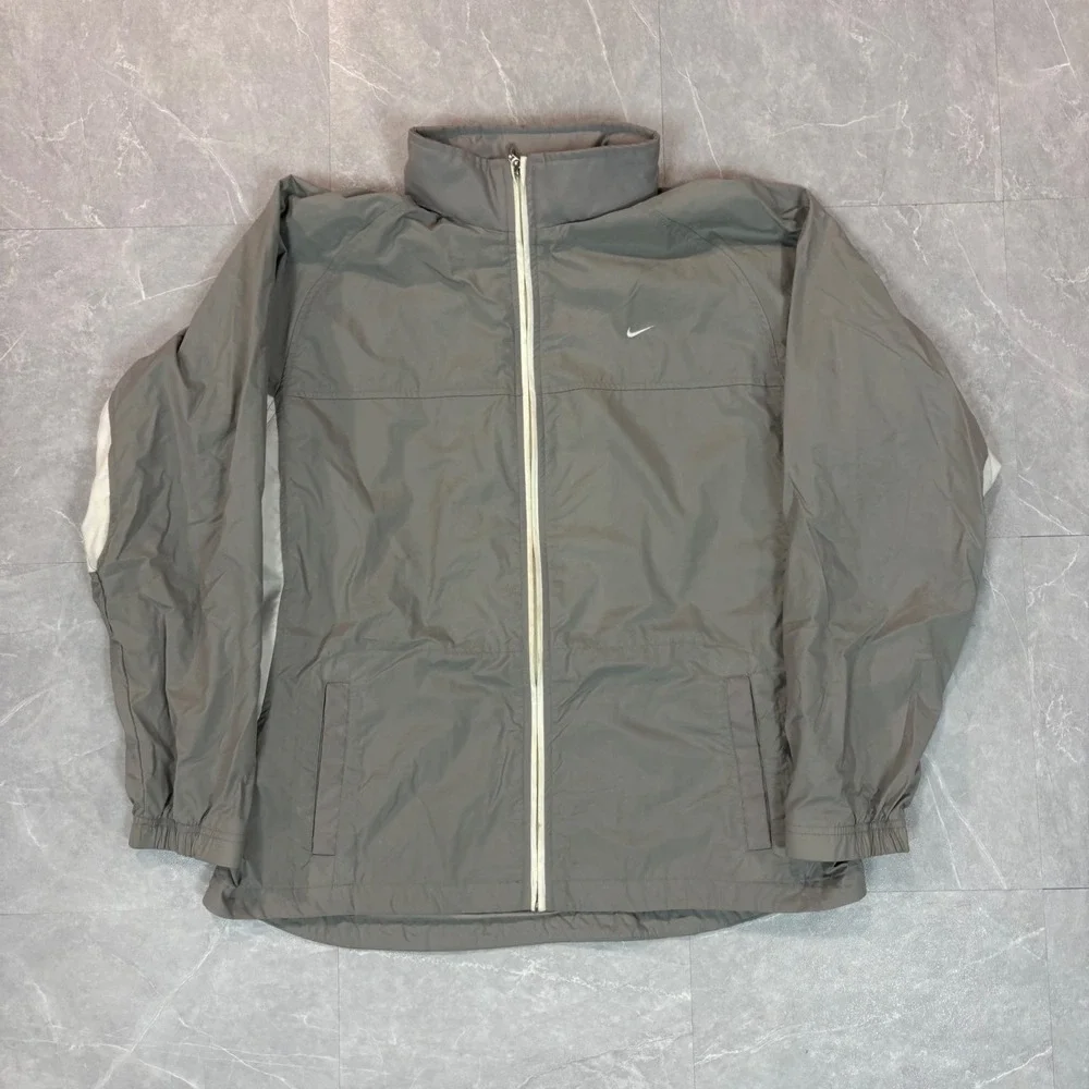 Nike Womens Grey White Full Zip Mock Neck Windbreaker Jacket L 3076